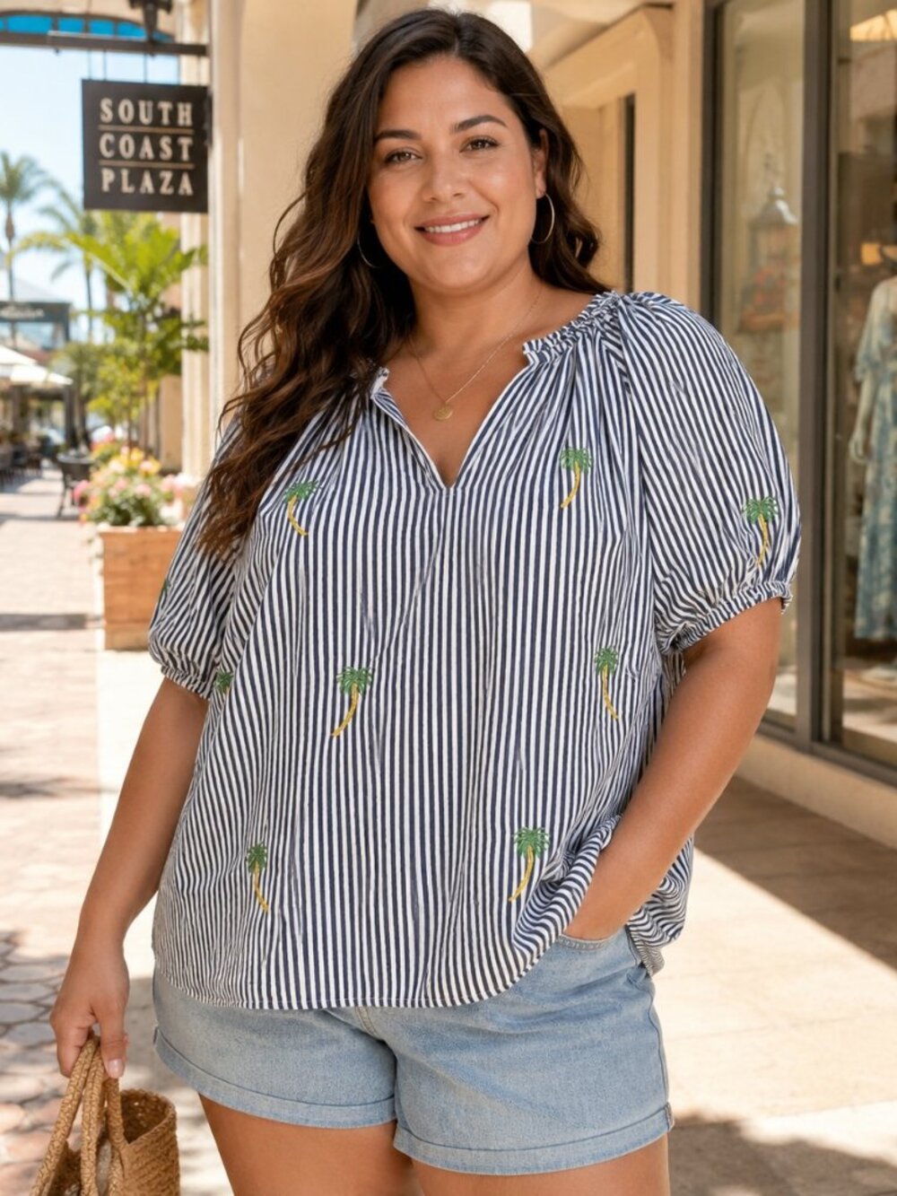 Cato Palm Tree Embroidered Striped Peasant Blouse 18/20 Plus Size Boho Beach TOP